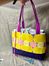 Load image into Gallery viewer, Drawstring  Tote - Purple and yellow shapes
