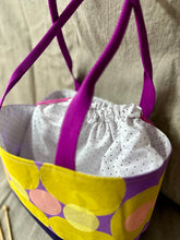 Load image into Gallery viewer, Drawstring  Tote - Purple and yellow shapes
