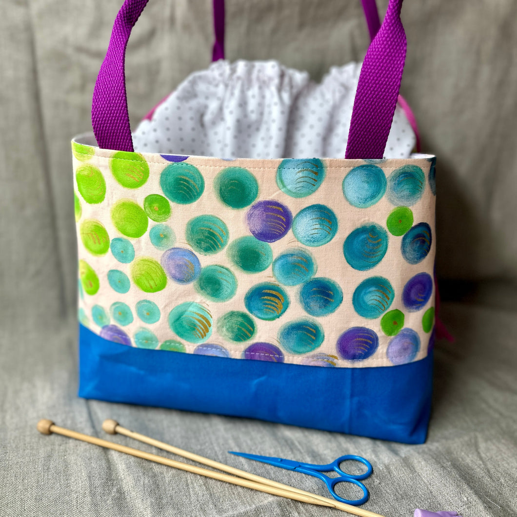 Drawstring  Tote - Green blue and purple bubbles