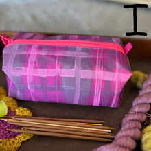 Load image into Gallery viewer, Pink plaid zippered pouch with knitting needles and yarn on a brown surface