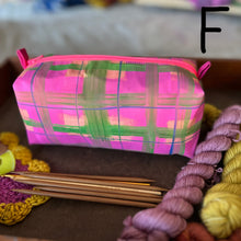 Load image into Gallery viewer, Pink and green plaid hand painted fabric pouch with knitting needles crochet hook