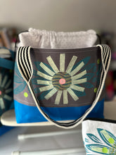 Load image into Gallery viewer, Drawstring  Tote - blue and green flower burst pattern
