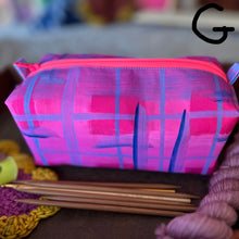 Load image into Gallery viewer, Pink and purple plaid fabric bag with knitting needles and yarn on a wooden surface
