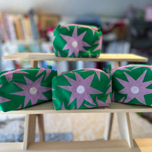 Load image into Gallery viewer, Mini boxy bottom notions bag - Green with pink stars
