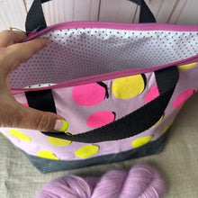 Load image into Gallery viewer, Purl- A sweater quantity project bag , Mauve with neon dots
