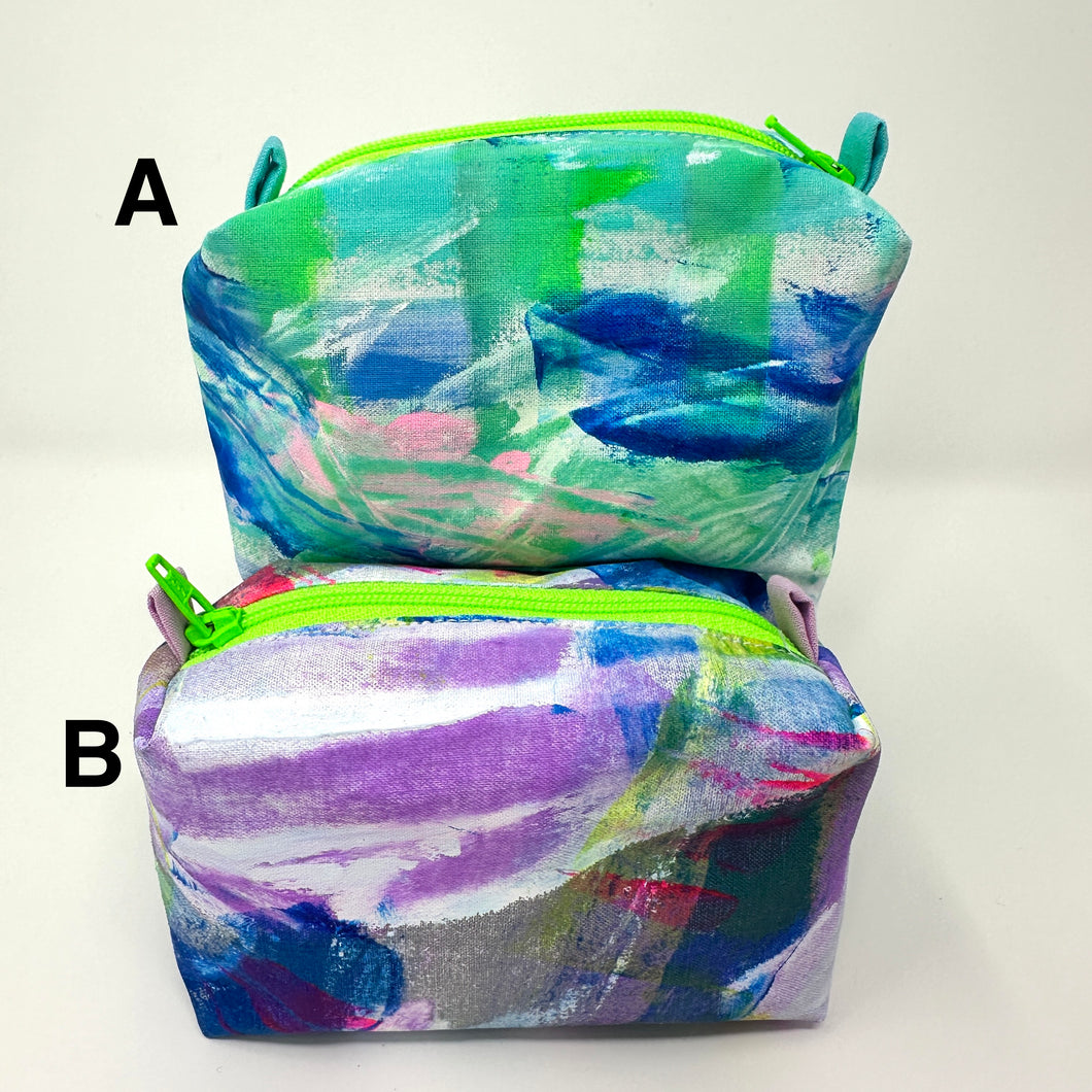 Mini Boxy bottom notions bags - Painted fabric- plaid - greens and purple