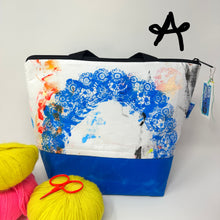 Load image into Gallery viewer, Colorful tote bag with floral design, yarn balls, and scissors on a white background
